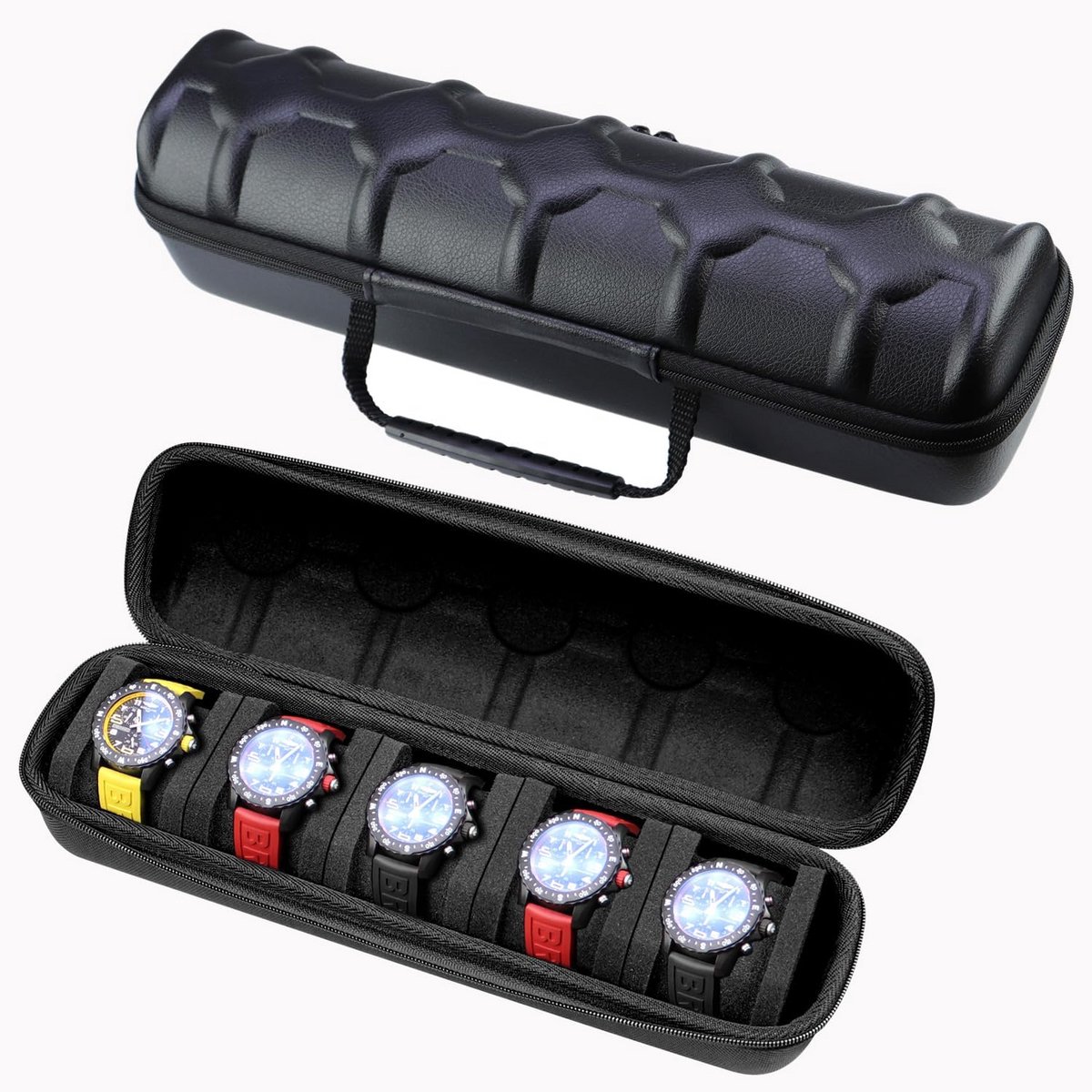 Horlogedoos voor 5 horloges met ritssluiting, PU-leer, zwart, reisetui voor heren