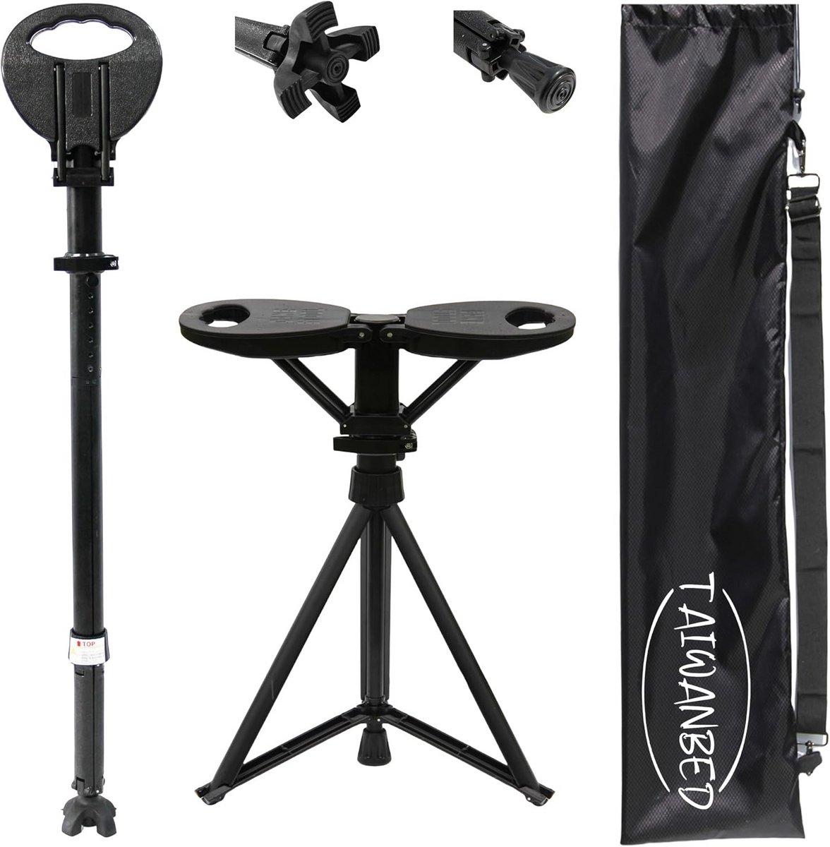 Wandelstok met zitting - Opvouwbare stok - Buitenactiviteiten en rust - Verstelbare hoogte 2-in-1 - Tot 95 cm - Zwart