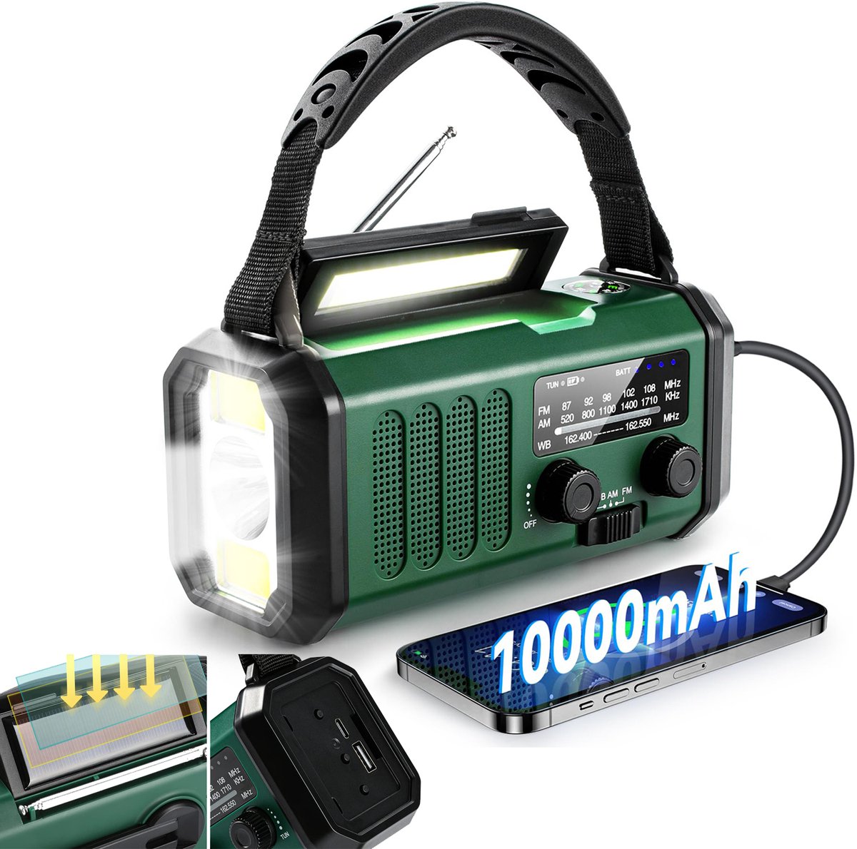 Noodradio met 10000mAh Powerbank - Zonne-energie & Handcrank AM/FM Radio met SOS-Alarm | Met Zaklamp, Leeslamp & Kompas | Type-C Oplader voor Telefoon | Ideaal voor en Buitenavontuur
