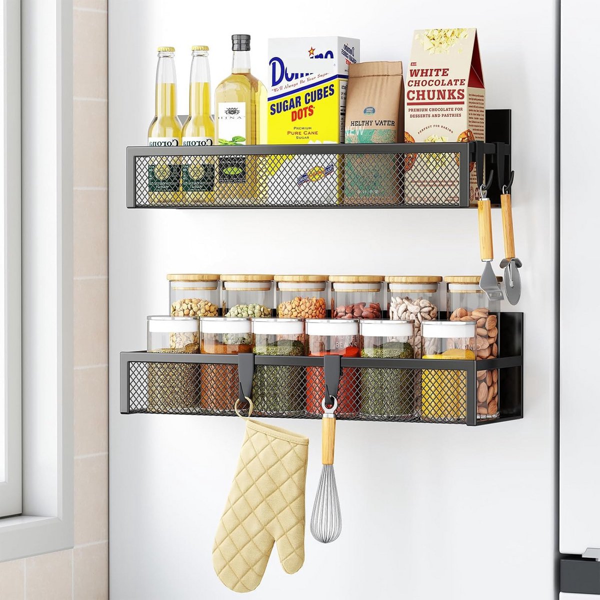 Magnetisch Kruidenrek voor Koelkast - Set van 2 Zwarte Organizers met Haken