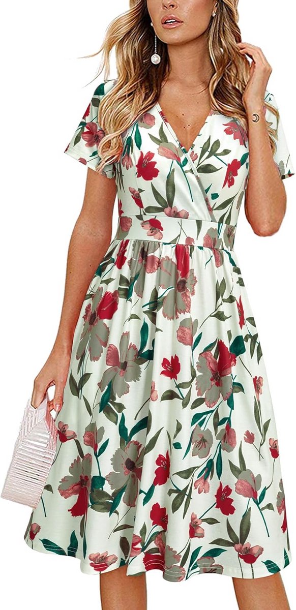 Zomerjurk Dames Korte Mouwen V-hals Wikkel Casual Bloemen met Zakken