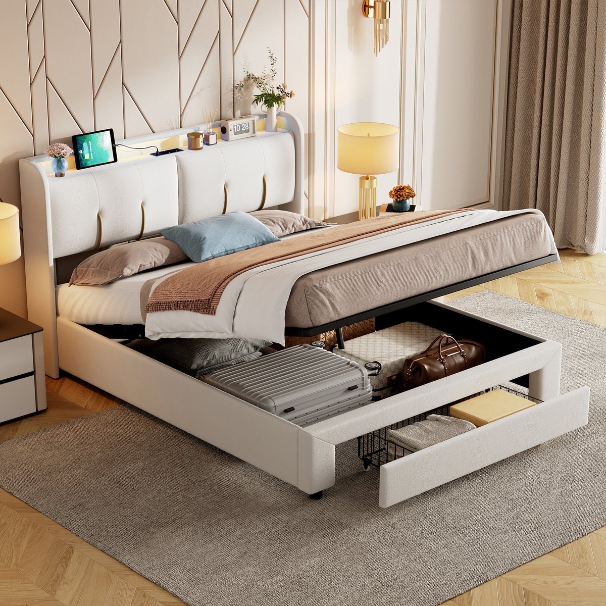 SHOPENTRA Opbergbed 160x200 cm crèmewit met opbergruimte in het hoofdbord, lade, LED-verlichting en USB-oplaadpoort, gestoffeerd tweepersoonsbed thumbnail 4