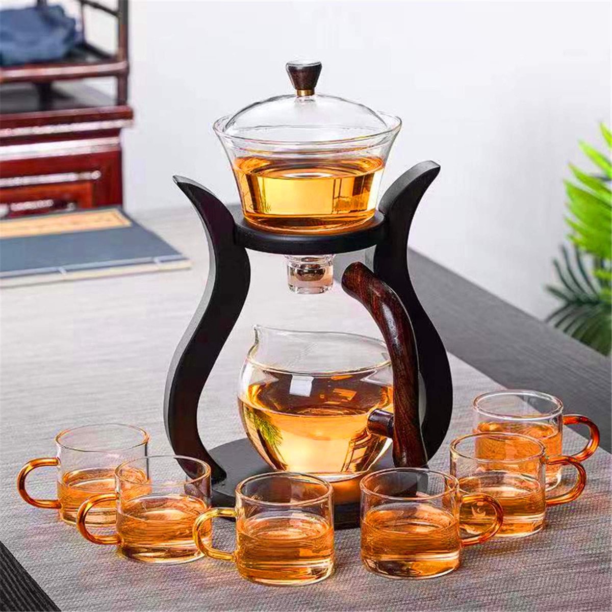 Unyqoos® Stijlvolle glazen theepot met zes kopjes en draaibare deksel voor theeplezier