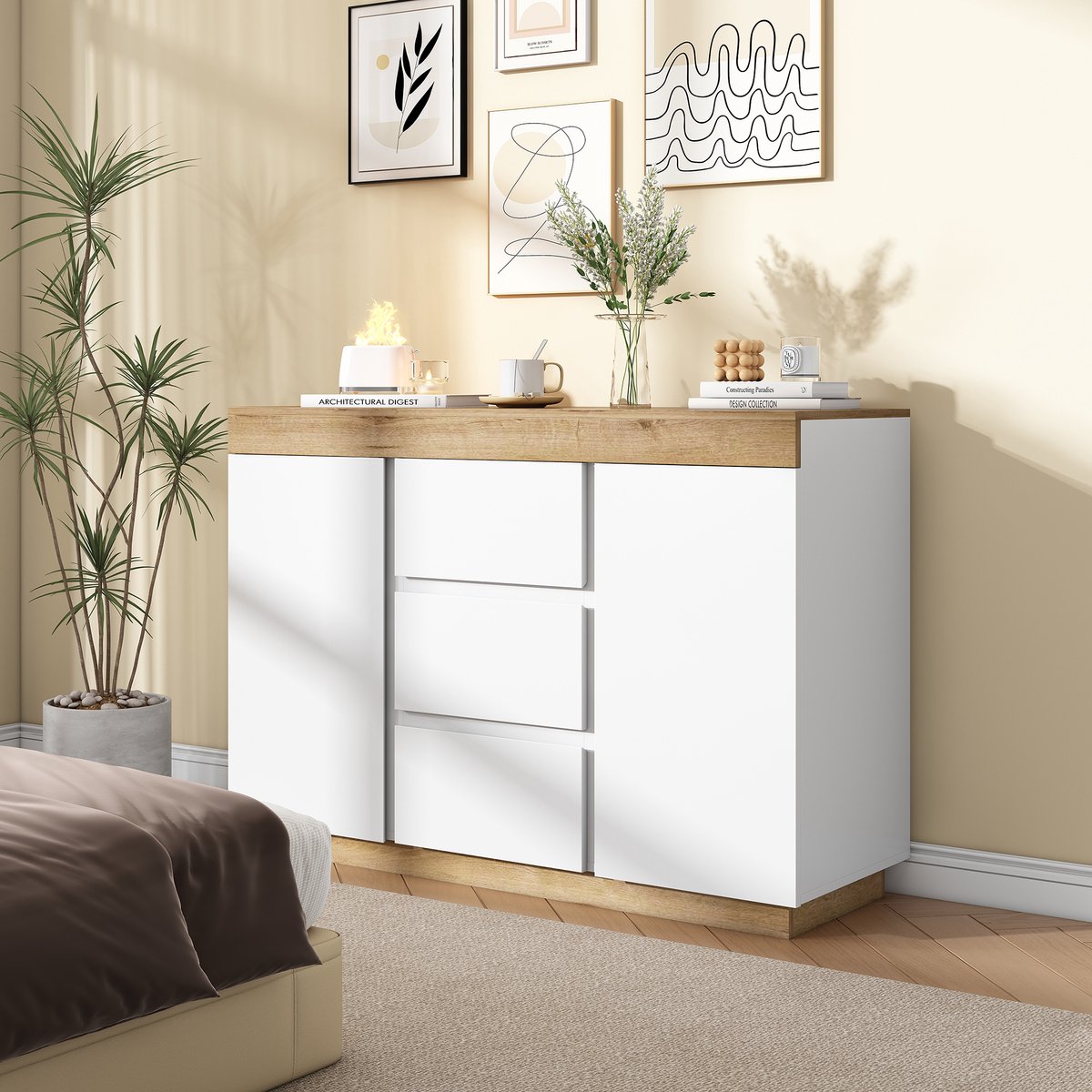 STILVORA Dressoir – Klassieke Commode Met Eikenlook – 3 Laden En 2 Deuren – Ruime Opbergruimte Voor Slaapkamer En Woonkamer – E1 Spaanplaat – Wit+Eiken