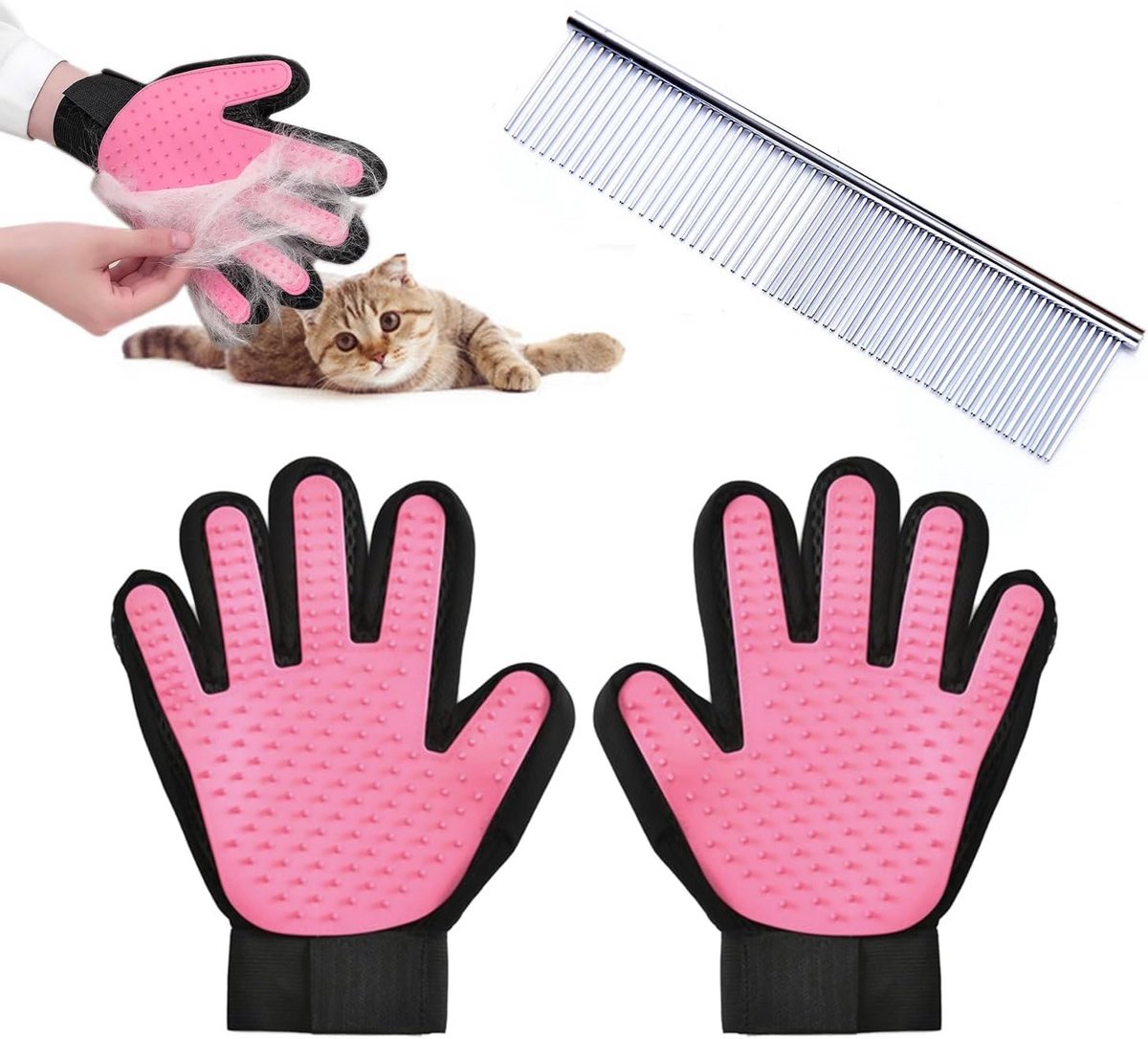 Ontharingshandschoenen voor Huisdieren & Massagehandschoenen (Roze) - Inclusief Roestvrijstalen Verwijderkam