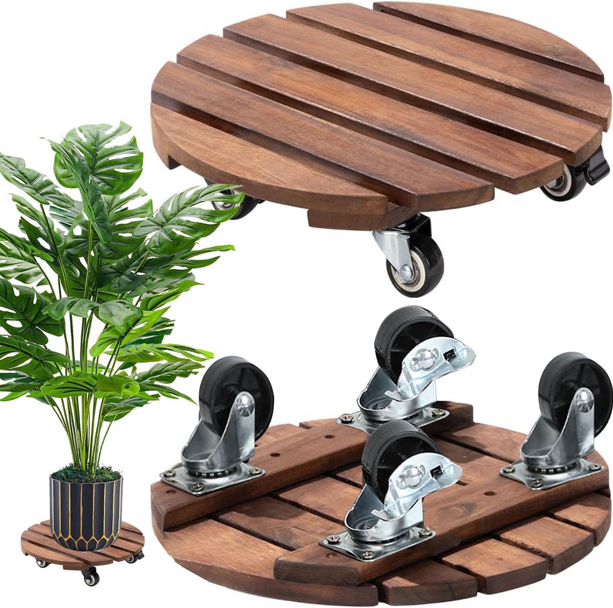 2 Stuks Plantenrollers Rond Hout met 360° Zwenkwielen voor Zware Bloempotten