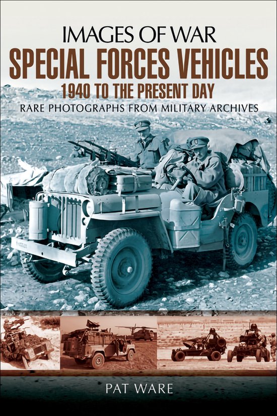 Boek 'Special Forces Vehicles 1940 to the Present Day' met afbeeldingen van militaire voertuigen in een woestijnlandschap.