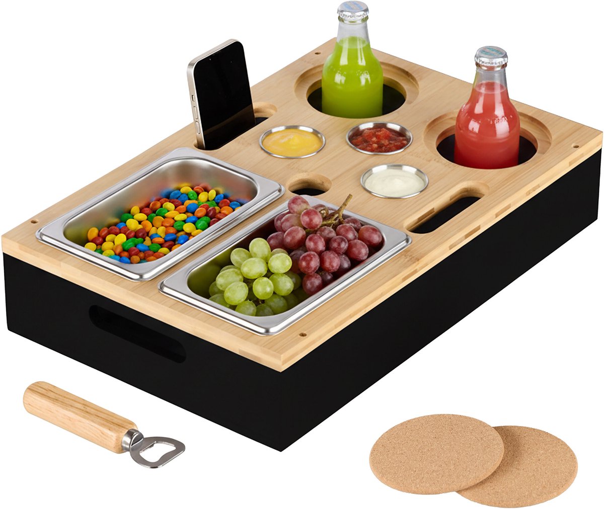 couchbar - met dip- en snackschaaltjes - glazenhouder - bamboe - zwart