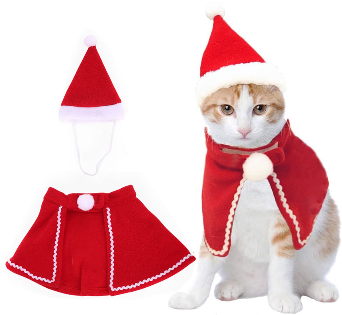 Kerstmuts en cape set voor huisdieren, kerstkostuum voor kleine dieren, rode jas, zachte kerstkleding, geschikt voor konijnen, cavia's, hamsters, eekhoorns