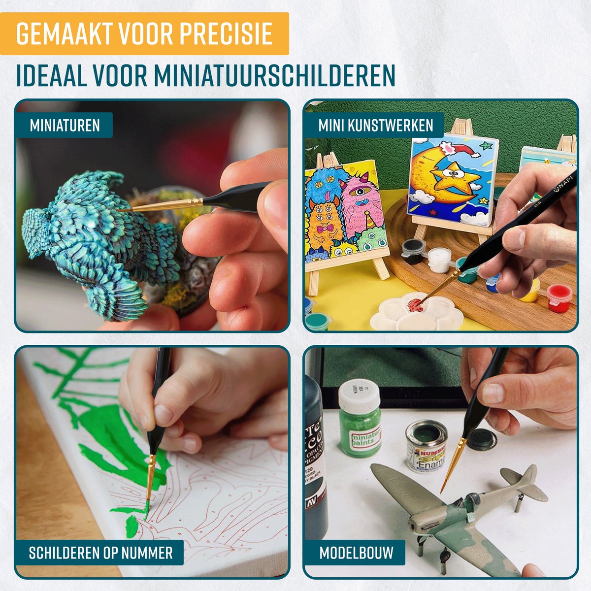 Napi Penselen Set 9 Stuks - Kwasten voor Aquarel, Olieverf, Acrylverf, Waterverf, Schmink - Geschikt voor Schilderen, Modelbouw en Gouache — afbeelding 2