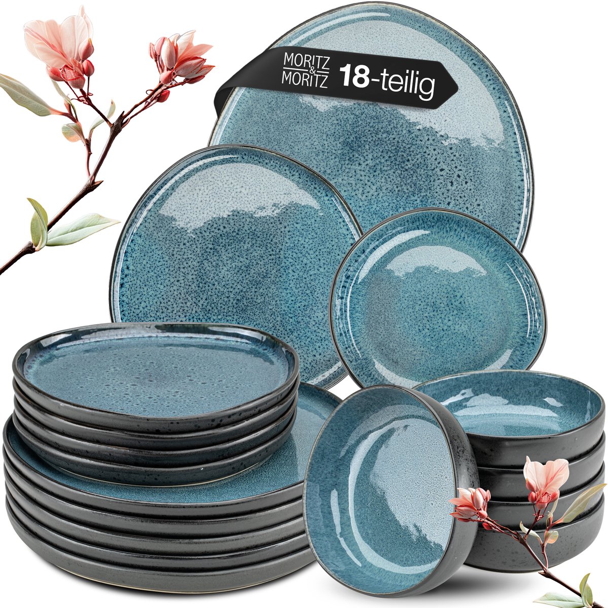 Moritz & Moritz ORGANIC Serviesset 6 Persoons - 18-delig Servies Set met Dinerbord, Soepbord en Dessertbord - Blauw