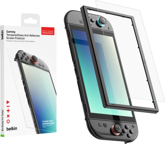 Belkin screenprotector verpakking en Nintendo Switch 2 met een opzetframe.