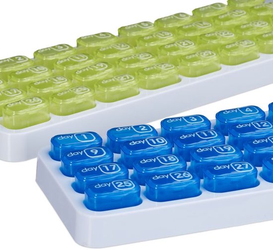 Doodadeals® Set van 2 Pillendoos Maand - 31 Dagen - Medicijndoosje Maand - Pillendoosje - Blauw en Groen - 3,5 x 28,5 x 10 cm