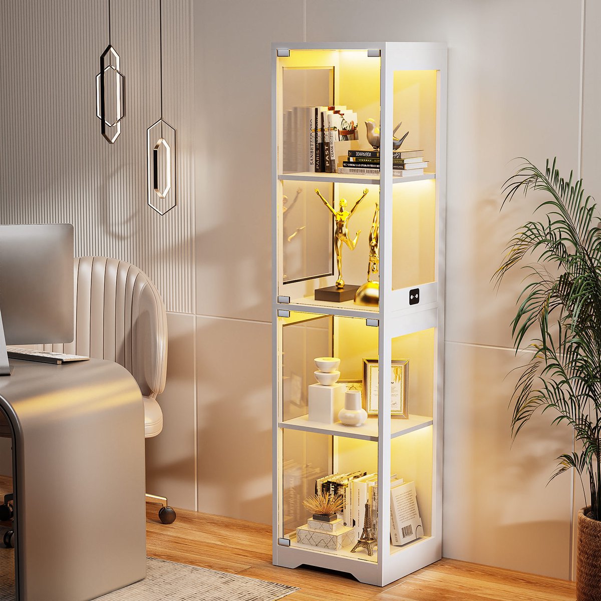 BROTTAR Glasvitrine met driekleurige LED en bewegingssensor – Moderne vitrine voor woonkamer, slaapkamer of kantoor