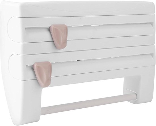 Wandrolhouder, 3-voudige snijrolhouder, papierrolhouder met scherpe messen, foliesnijder met legvlak voor keuken badkamer 38,9 x 10 x 24 cm (khaki