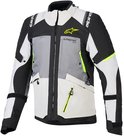 Alpinestars motorjas, kleurblokken in grijs, wit en zwart, met fluo-gele accenten.