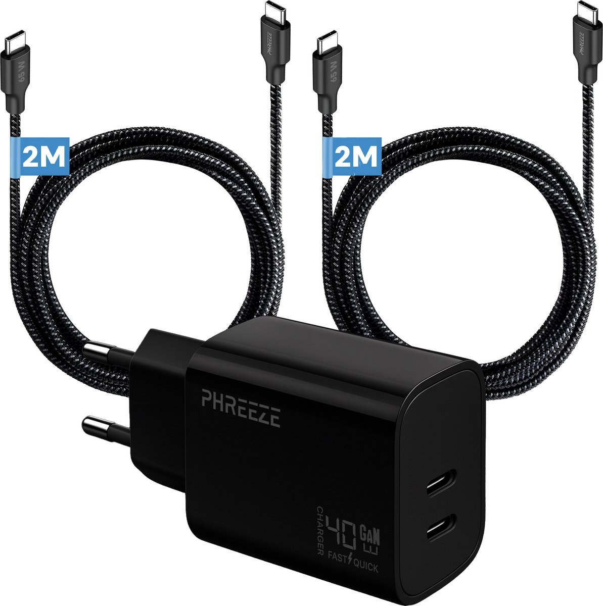 Phreeze usb C oplader 40 W - Dual usb C poorten - Power Delivery GaN charger met 2 usb C naar usb C kabels 2 m - Laptop oplader usb C - Snellader voor telefoon, tablet, laptop, powerbank, speaker en camera - Oplaadset met twee kabels