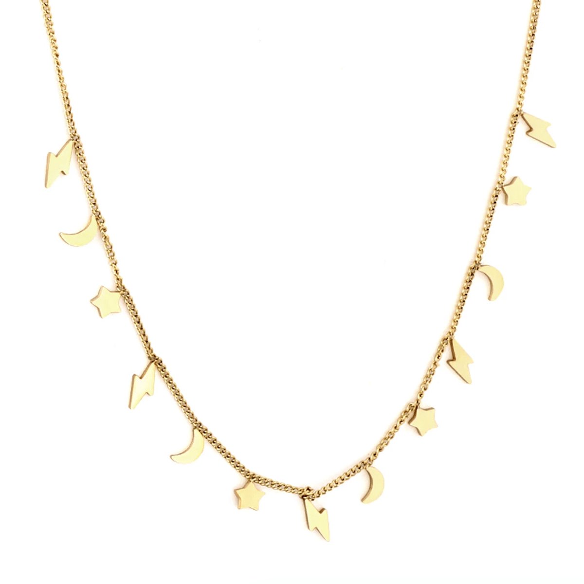 Planet Pink - Ketting bedeltjes bliksemschicht, maan, ster goud - Stainless Steel - Roestvrij Staal rvs - Waterproof