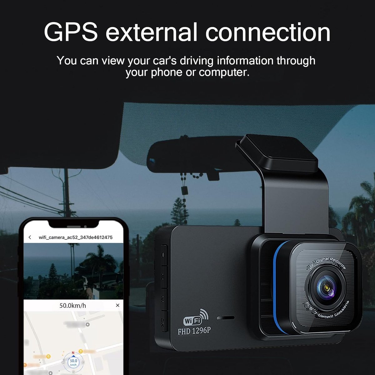 Dashcam Auto 1296P dashcamera, voor full HD dashcamera, auto, met 32G SD-kaart, 3,0 inch IPS-scherm, dual camera met wifi, GPS, 480p achter, loopopname, 140° groothoek, app-bediening, achteruitrijhulp, – foto 2