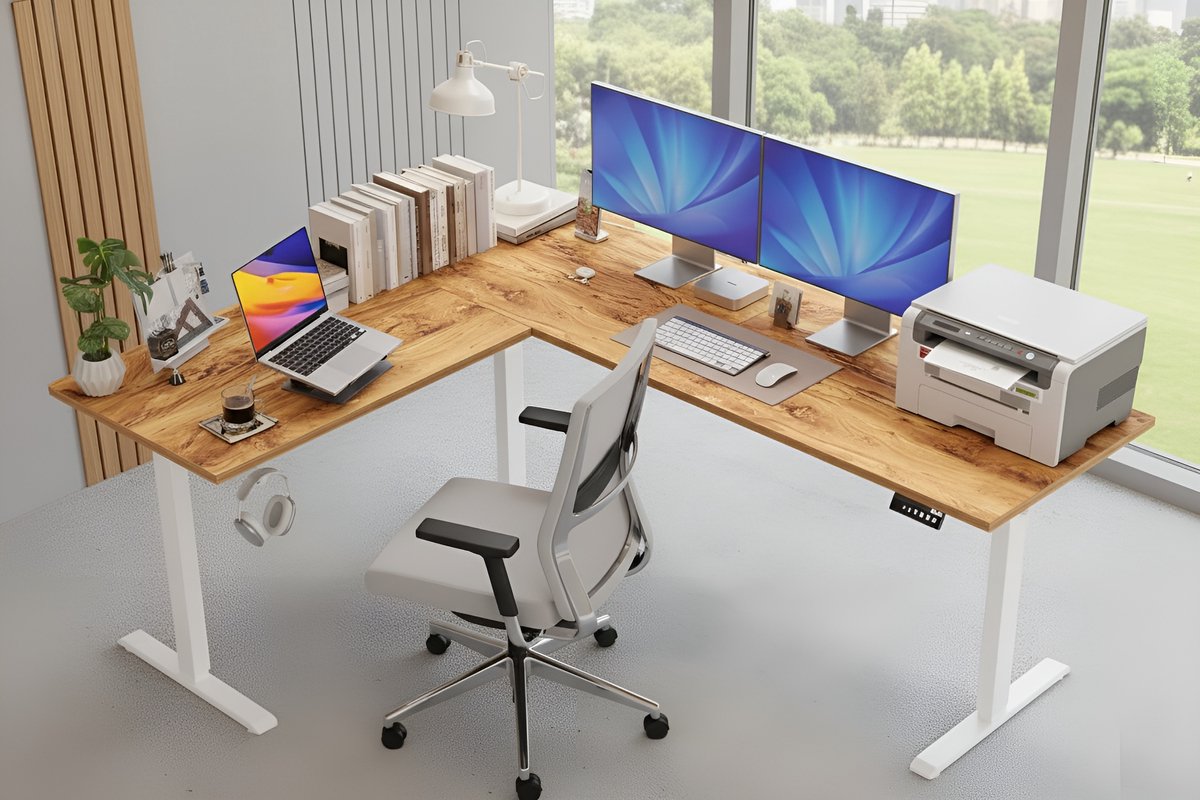 L-vormig Elektrisch In Hoogte Verstelbaar Hoekbureau 190x155 cm – Ergonomisch Sta Zit Bureau met Geheugenfunctie, Stil Motorisch Systeem, Industrieel Design – Lichtbruin Houten Tafelblad – HomeByNicole