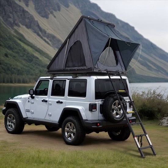 Tente de toit avec coque dure - Tente de toit auto - 2-3 Personnes - Échelle Télescopique - Matelas Épais - Imperméable et Étanche au Vent - SUV, Fourgonnette & Pick-up - Triangulaire - Zwart