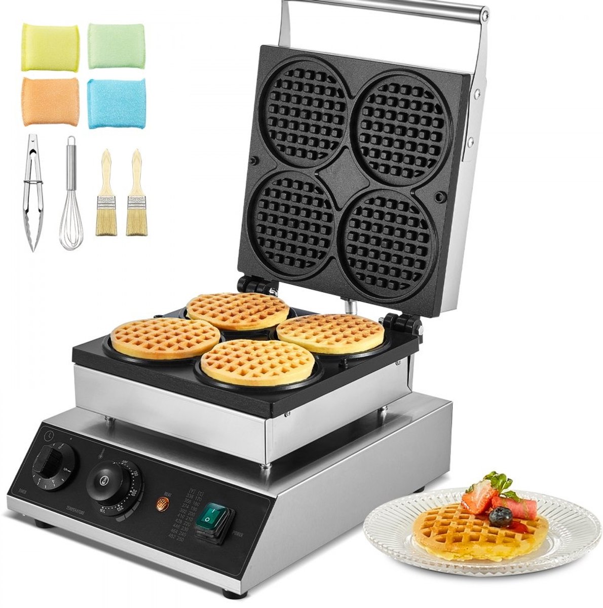 Belgisch wafelijzer - Professionele wafelmachine - Vermogen 1750 W - RVS - Antiaanbaklaag - Temperatuur- en tijdsregeling - Maakt 4 ronde wafels - Commercieel