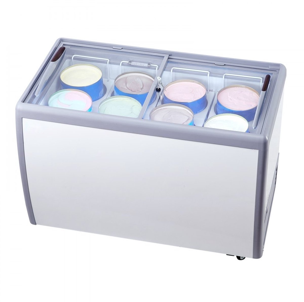 Commerciële ijsvitrine - Gelato dipkast 370 L - Diepvrieskist - Glazen bovenkant met 2 schuifdeuren - 8 bakken - Vergrendelbare wielen - Wit