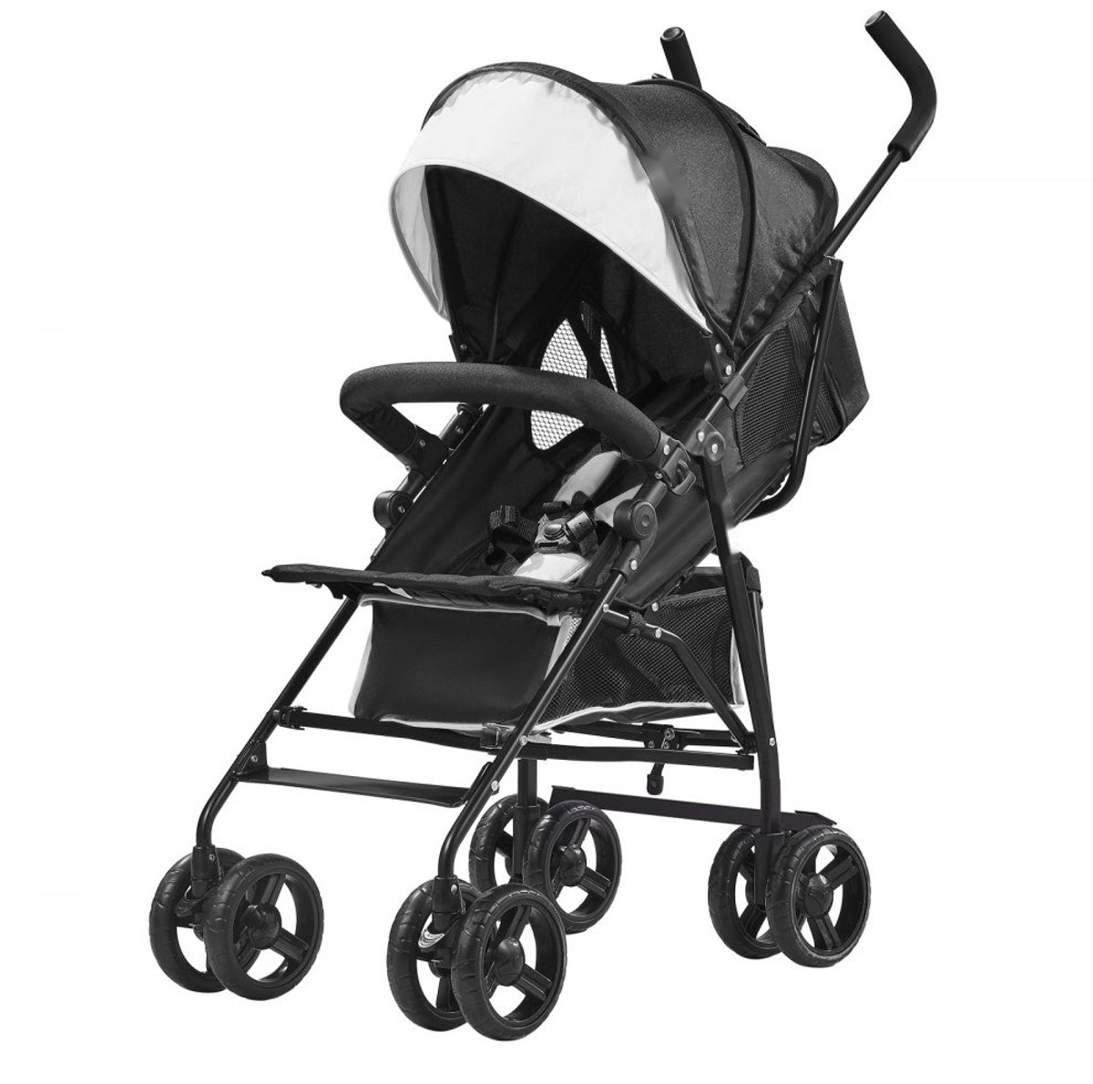 Kinderwagen - Reisbuggy Paraplu Buggy - Lichtgewicht - Compact Opvouwbaar - Verstelbare Rugleuning - Grote Opbergmand - Stalen Frame - Zwart/Wit