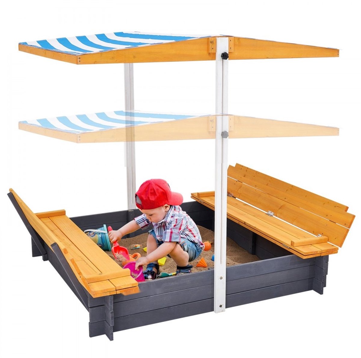 Houten Zandbak met Overkapping - Kinderzandbak - Opklapbare Bankjes - Bodemzeil - Voor Tuin - Voor Kinderen 3-12 Jaar - Natuurlijk Hout