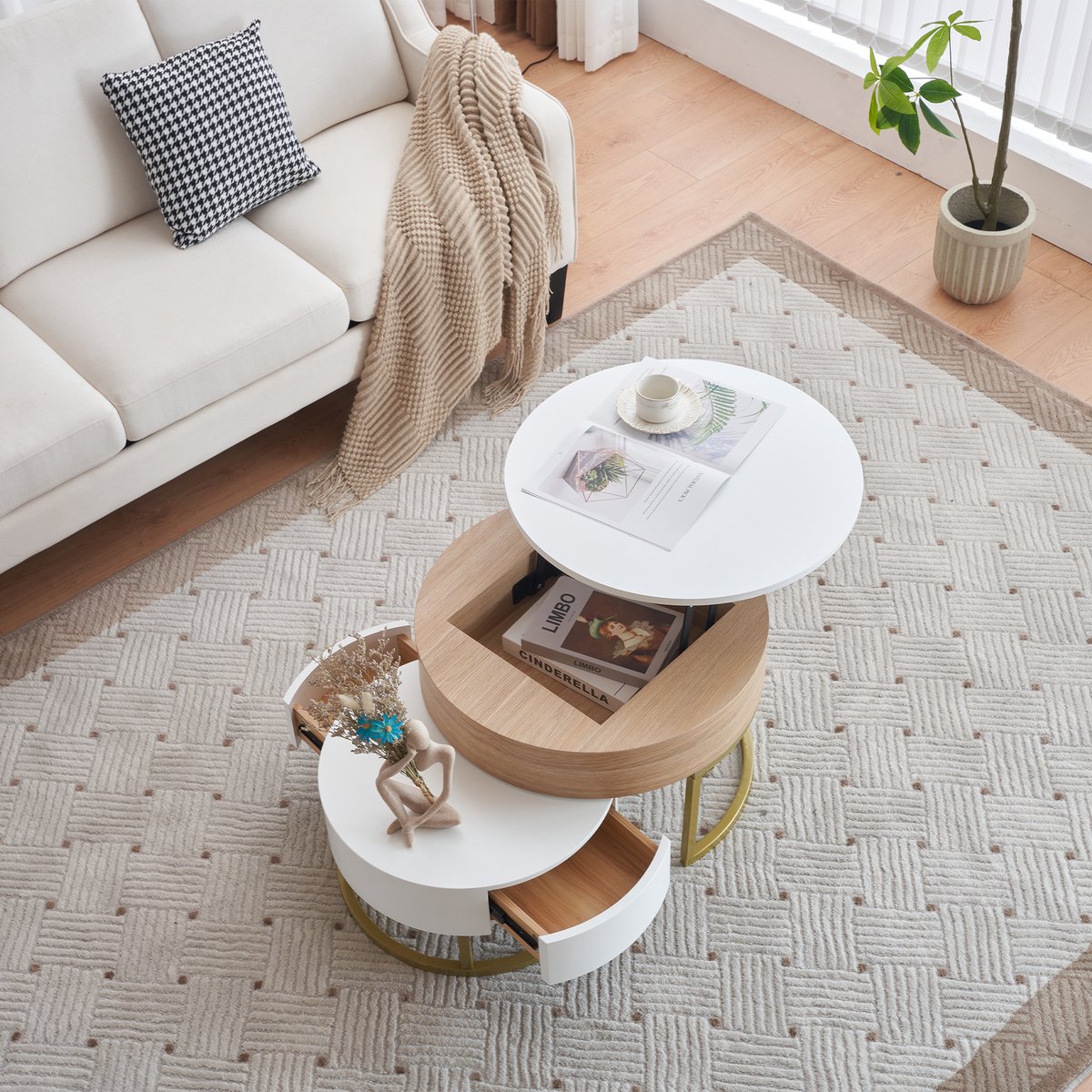 OKWISH Koffietafel - Salontafel Rond 2 Delige Set - Grote Klapbare Tafel + Kleine Tafel Met 2 Laden - Stijlvol Voor Woonkamer - 70x70/56,5+60x60 cm - MDF - Wit + Houtkleur