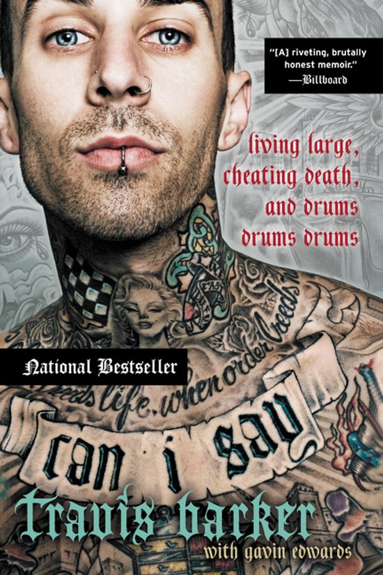 Couverture du livre "can i say" par Travis Barker, gros plan de son visage et de ses tatouages.