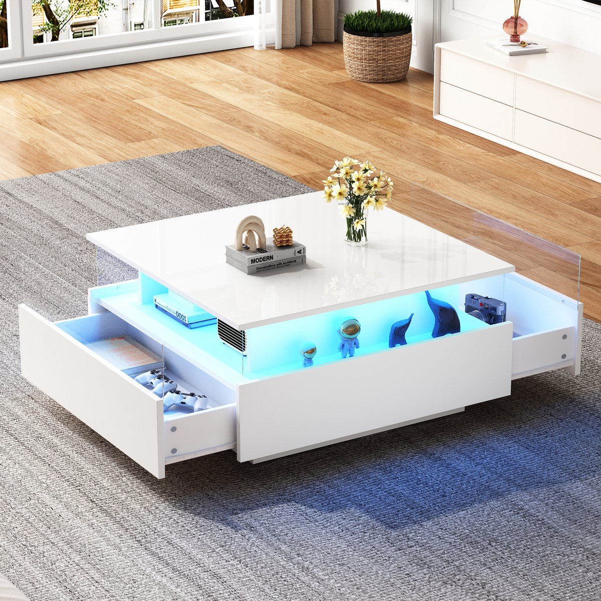 OKWISH Salontafels - LED Salontafel Met Hoogglans Blad - 2 Lades En Acryl Presentatievak - 70x70x41 cm - Hout - Wit