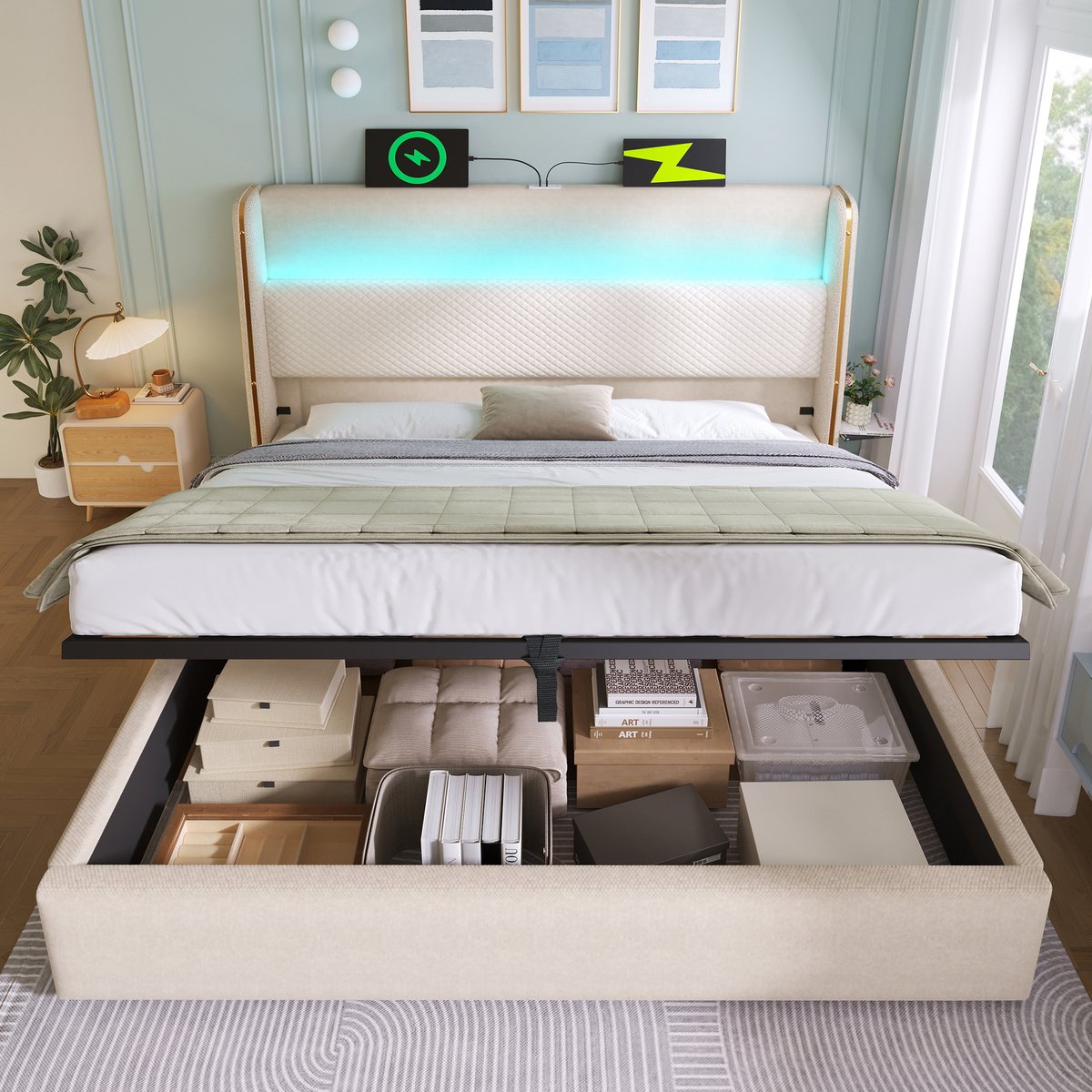 180x200 cm tweepersoonsbed - hoog hoofdeinde - met LED-verlichting - opbergruimte en USB/Type-C-aansluiting - beige - zonder matras