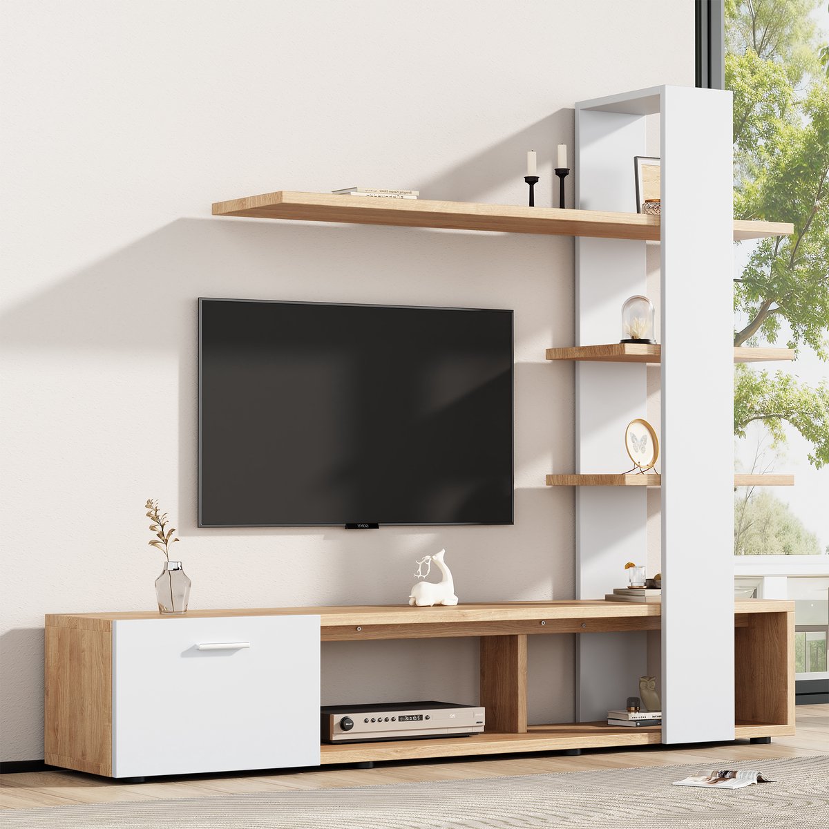 OKWISH TV meubel - Modern TV-meubel set met Lowboard en opbergschrank - Voor woonkamer, eetkamer en slaapkamer - 180x33,5x151,5 cm - Spaanplaat - Wit