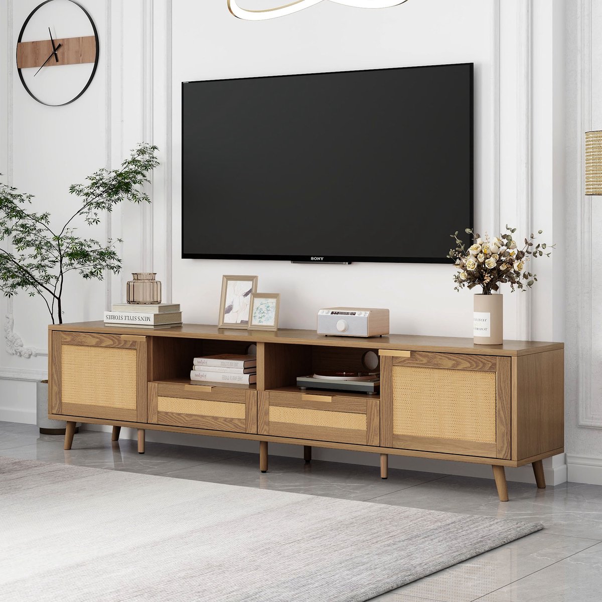 OKWISH TV meubel - Bohème TV-Kast met massief houten voeten - 2 deuren, 2 lades - Voor de woonkamer - 200x37x49 cm - Spaanplaat - Naturel