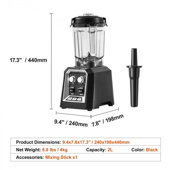 Power Blender - Professionele Keukenblender - 2200 W Motorvermogen - Glazen Kan - 3 Functies - Smoothies, Shakes & IJs Vergruizen - Zwart — afbeelding 3