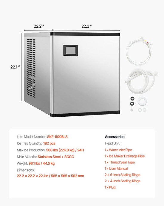 IJsblokjesmachine - Commerciële IJsmachine Opzetkop (Alleen Kop) - Capaciteit 227 kg/dag - RVS Behuizing - Slim Bedieningspaneel - Eénknops Reiniging van Merkloos — afbeelding 3