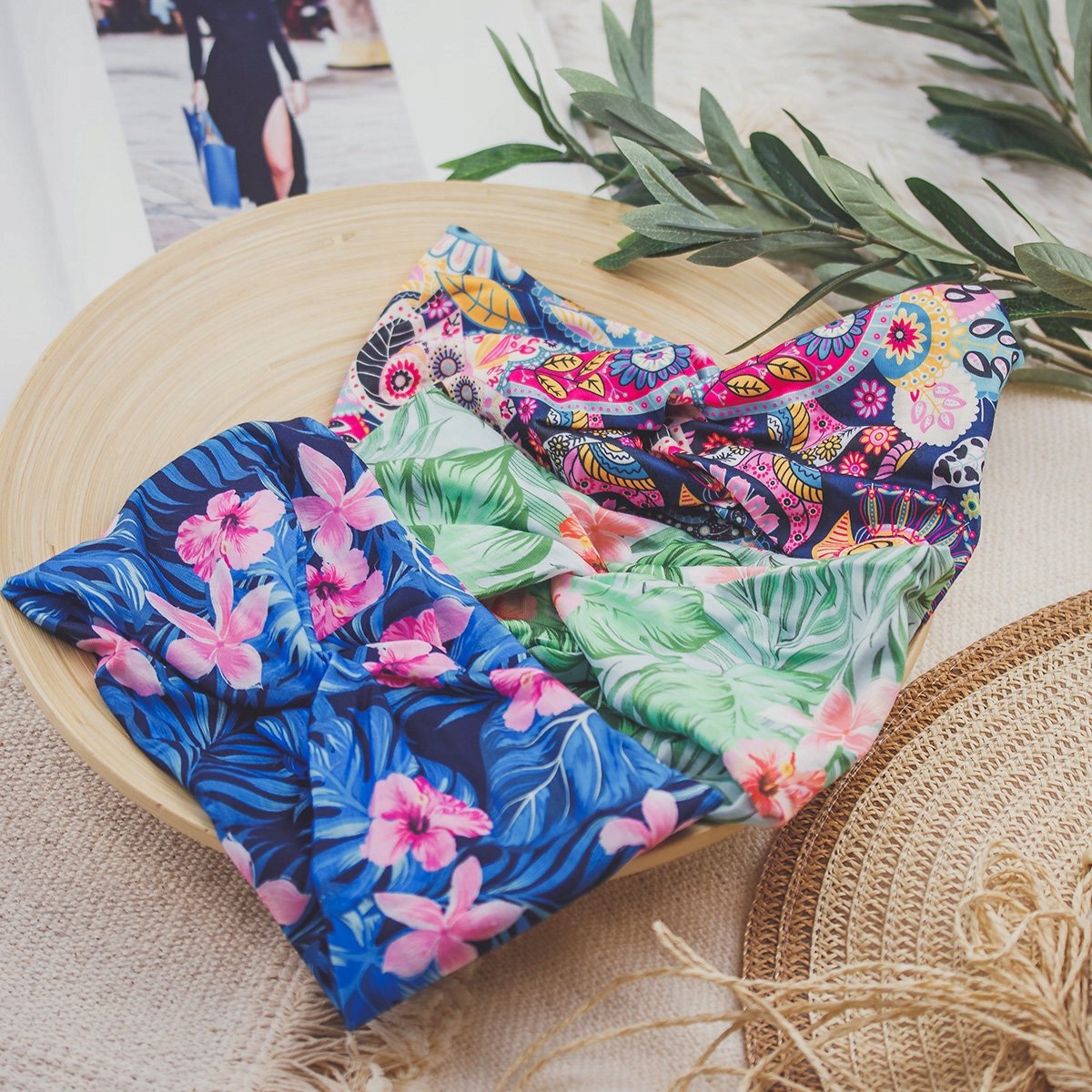 Brede Elastische Turban Haarband met Bloemenprint - Groen