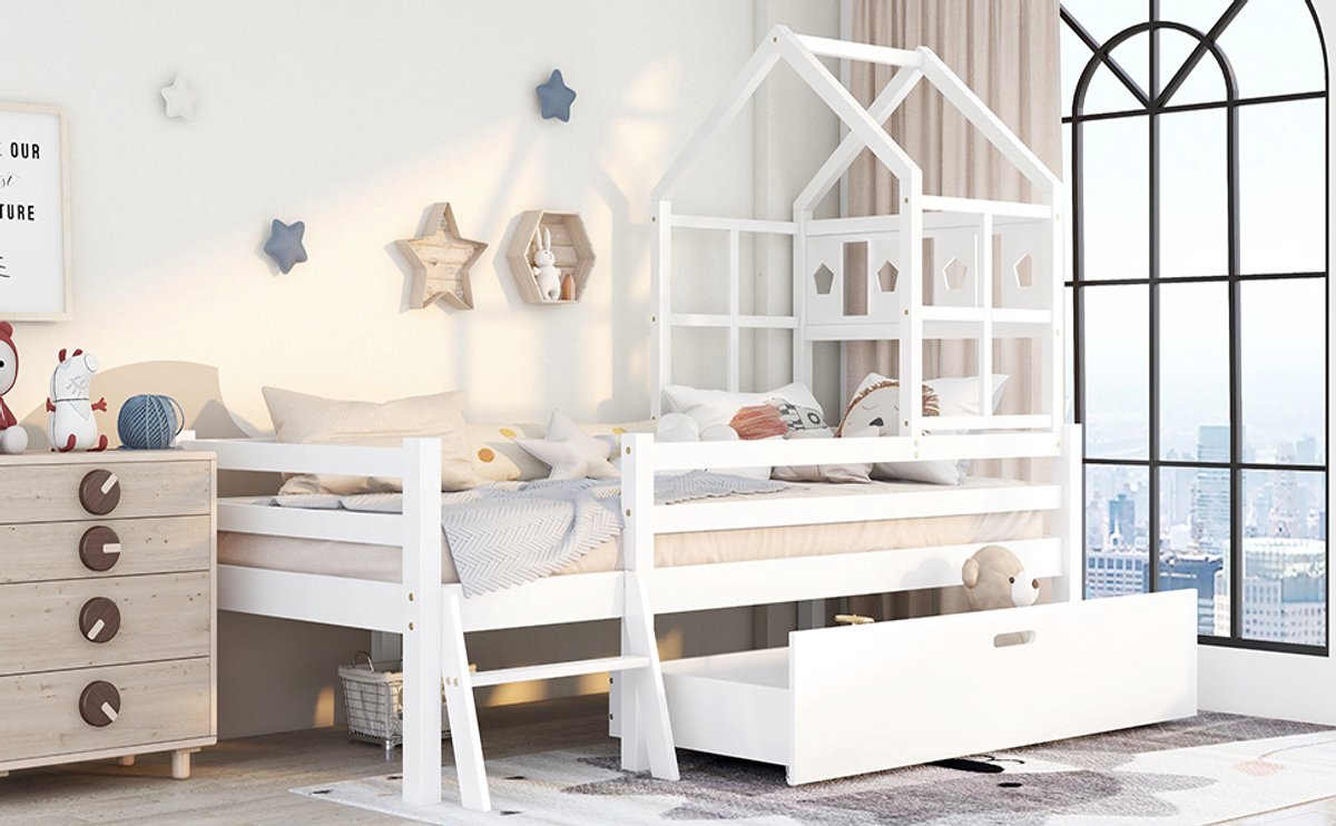 STILVORA Eenpersoonsbedden - 90x200 cm - Kinderbed Met Anti-Val Bescherming En Lades - Hout - Wit - Zonder Matras