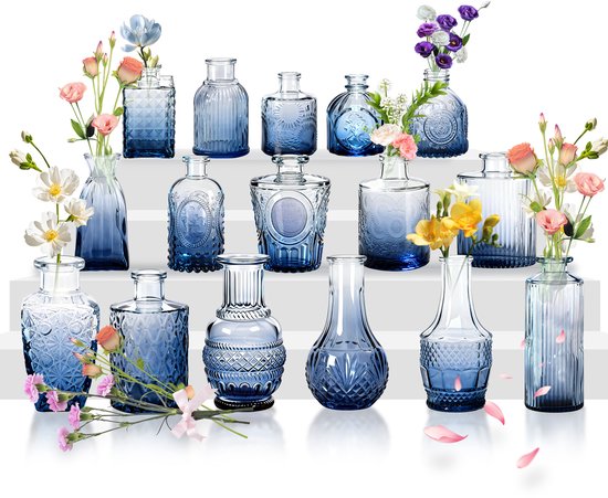 16 stuks kleine vaasjes voor tafeldecoratie, glazen vaasjes set mini, kleine glazen vaasjes, vintage bloemenvaasjes & knopvaasjes voor bruiloften, feesten, vieringen Verloop blauw