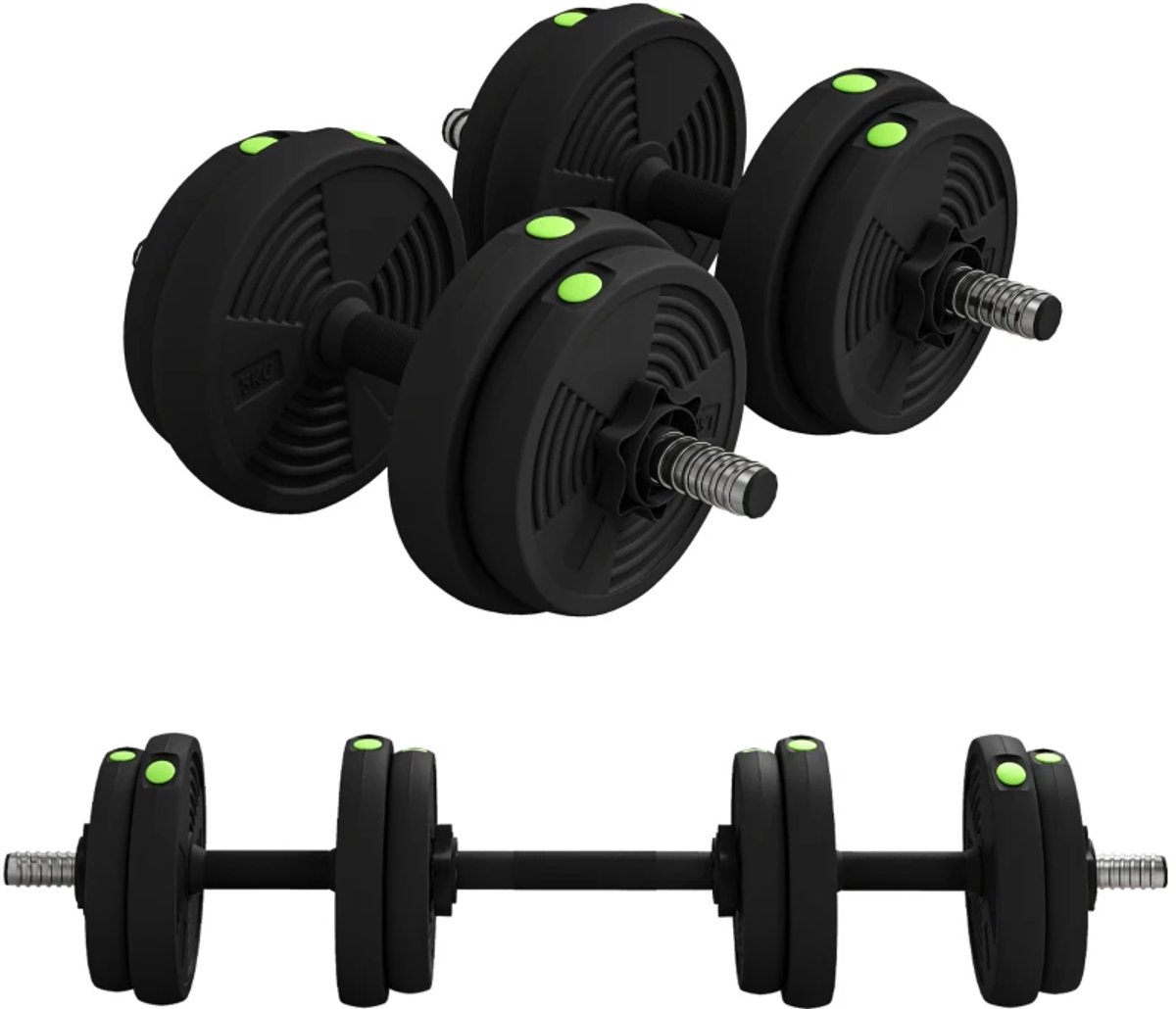 2-in-1 Halterset - Dumbbell & Halterstang - 15 KG - Verstelbaar - 4 x 2 kg, 4 x 1,5 kg Schijven - Antislip - Vloervriendelijk - Complete Thuisgym Oplossing – Zwart/Groen