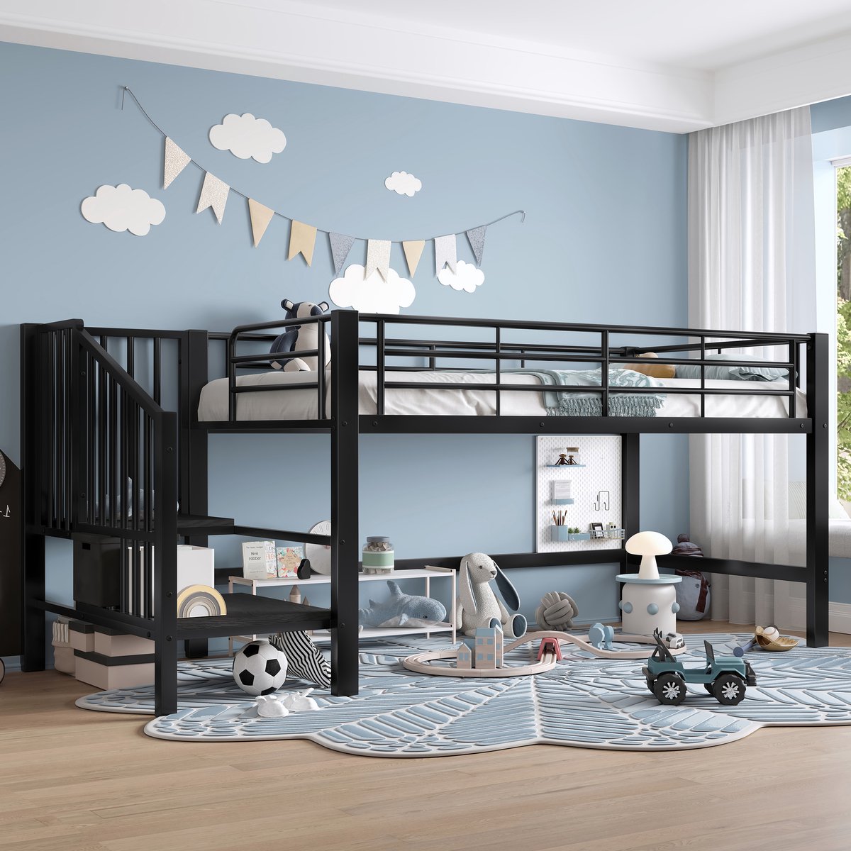 Sweiko Halfhoogslaper - 90 x 200 cm - Metalen bed - Kinderbed - Opbergtrap - Zwart