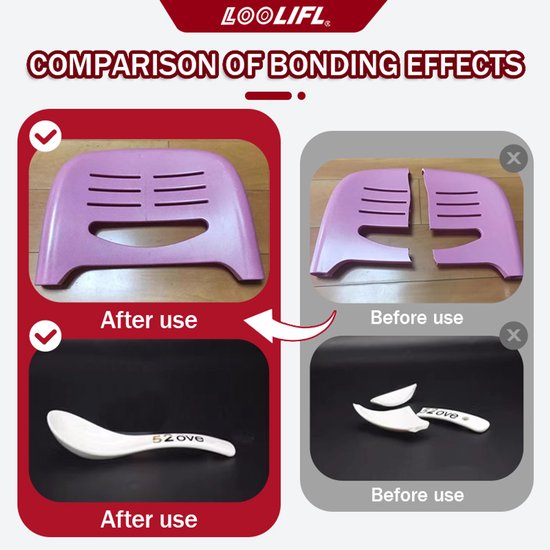 Vergelijking van lijmresultaten met LOOLIFL 495: een paars object en witte lepel voor en na gebruik.