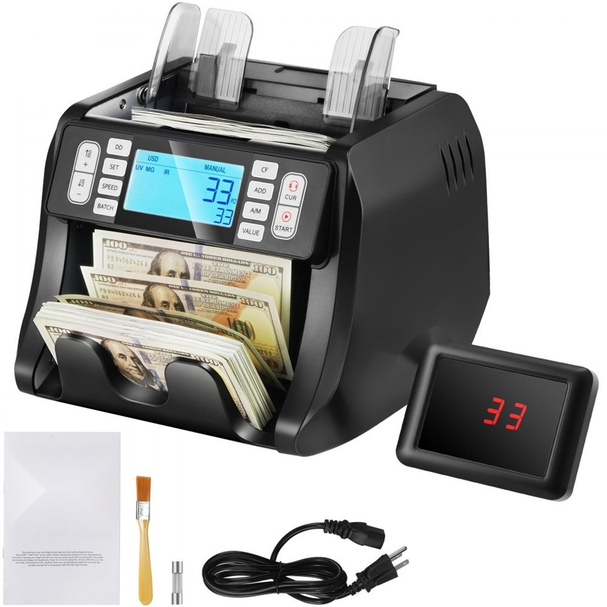 Geldtelmachine - Bankbiljettenteller - Valsgelddetectie UV/MG/IR/DD - Optelfunctie & Batchmodus - EUR & USD - Groot LCD-scherm - Extern Display