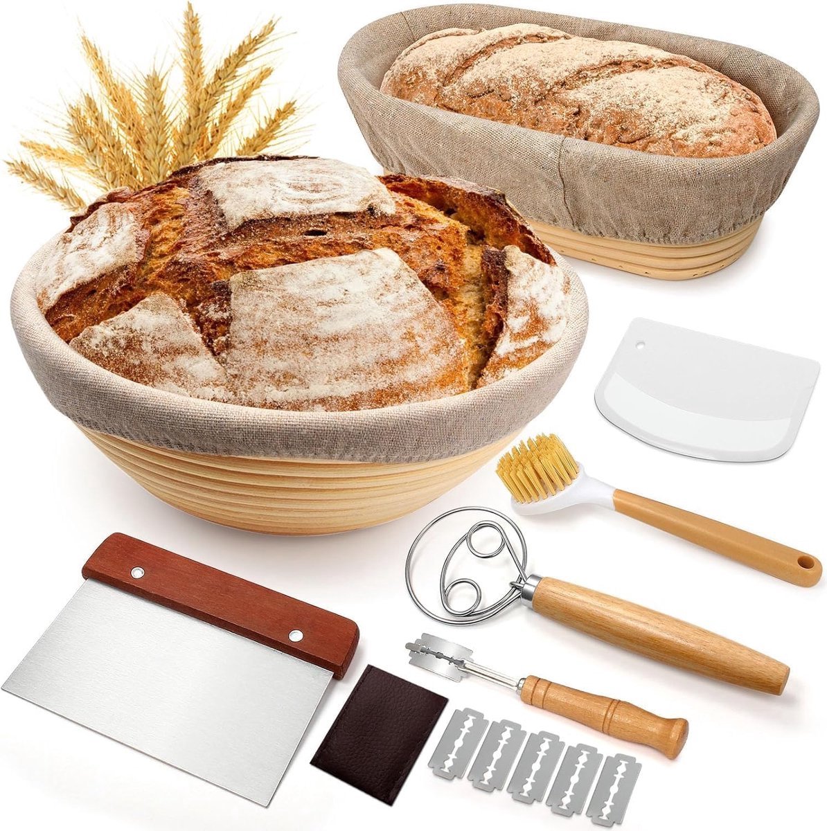 Daity Rijsmandje Broodbakken - Banneton - Rijsmandje Brood - Rijsmand Rond 23 cm + Rijsmand Ovaal 25 cm - Zuurdesem starter set - Deegmand - incl deegkleed - Deegmesje - Deegschraper - Deegkwast