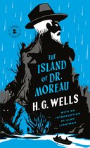 Boekcover van 'The Island of Dr. Moreau' door H.G. Wells. Een boot met twee figuren vaart naar een bergachtig eiland met antropomorfe dieren en een man met een hoed.