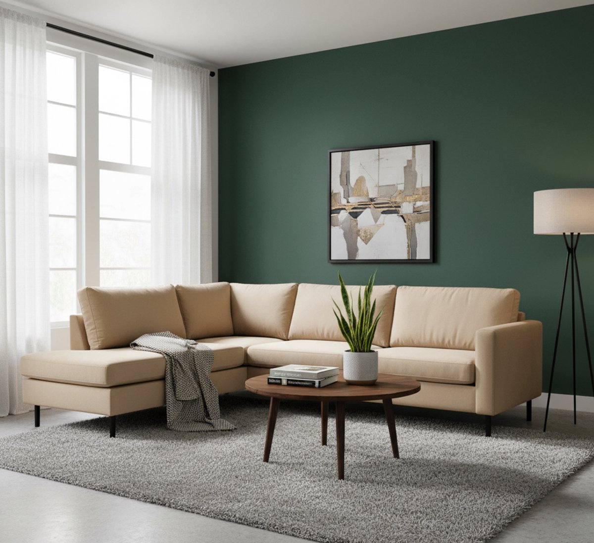 Malaga Luxe 4-zits Hoekbank Links Crème – Comfortabele Polyester Velours Bank 247x195x84 cm – Altameubel