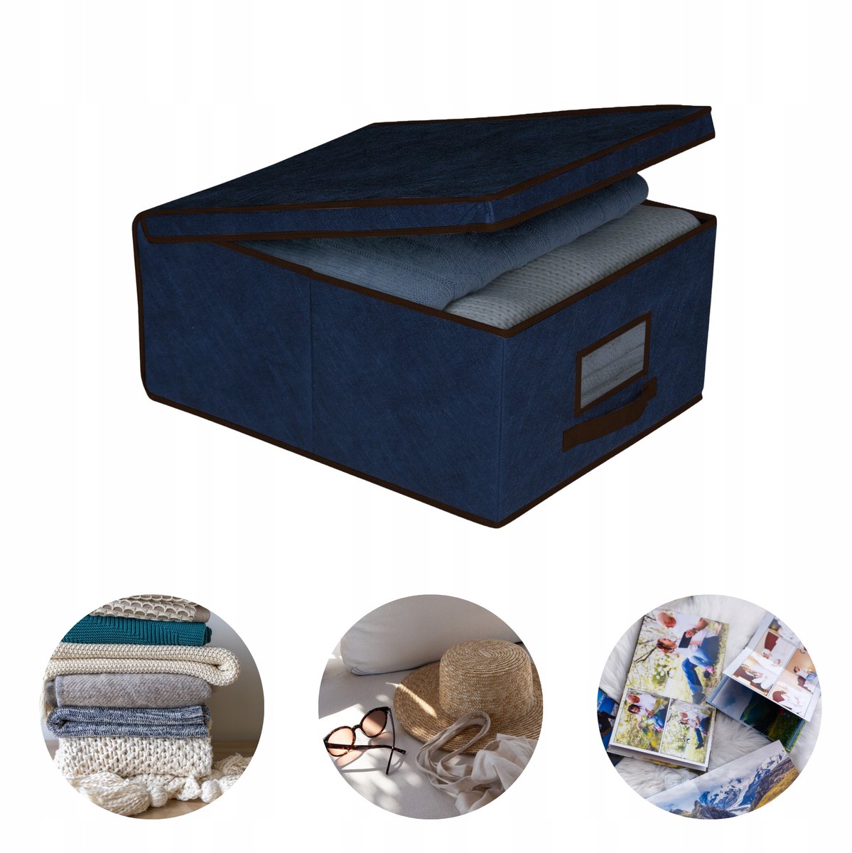 Blauwe Opbergbox met Deksel, 32L, 48x36x19cm, Met Raam