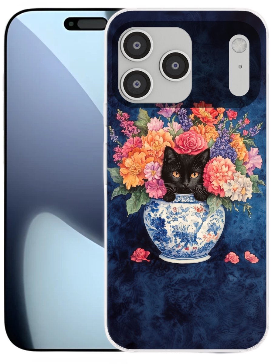 Telefoonhoesje Geschikt voor iPhone 17 Pro max hoesje - Kat - Felgekleurde bloemen - Vaas - Siliconen Telefoonhoesje Telefoonhoesje