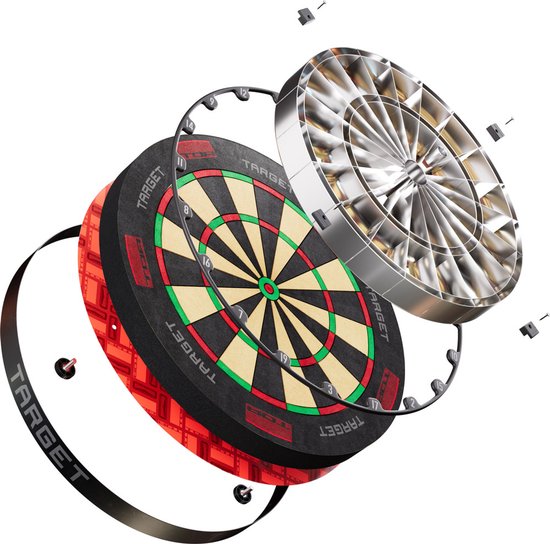 Exploded view van een dartbord met de verschillende lagen zichtbaar. De draadring, de sisal kern met nummers, en de rode achtergrond met 'TARGET' tekst.